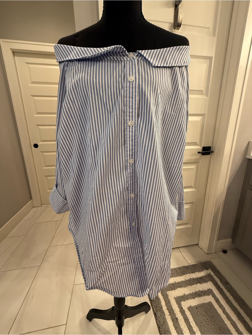 Chico's Blue & White Striped Off-Shoulder Button-Down Top